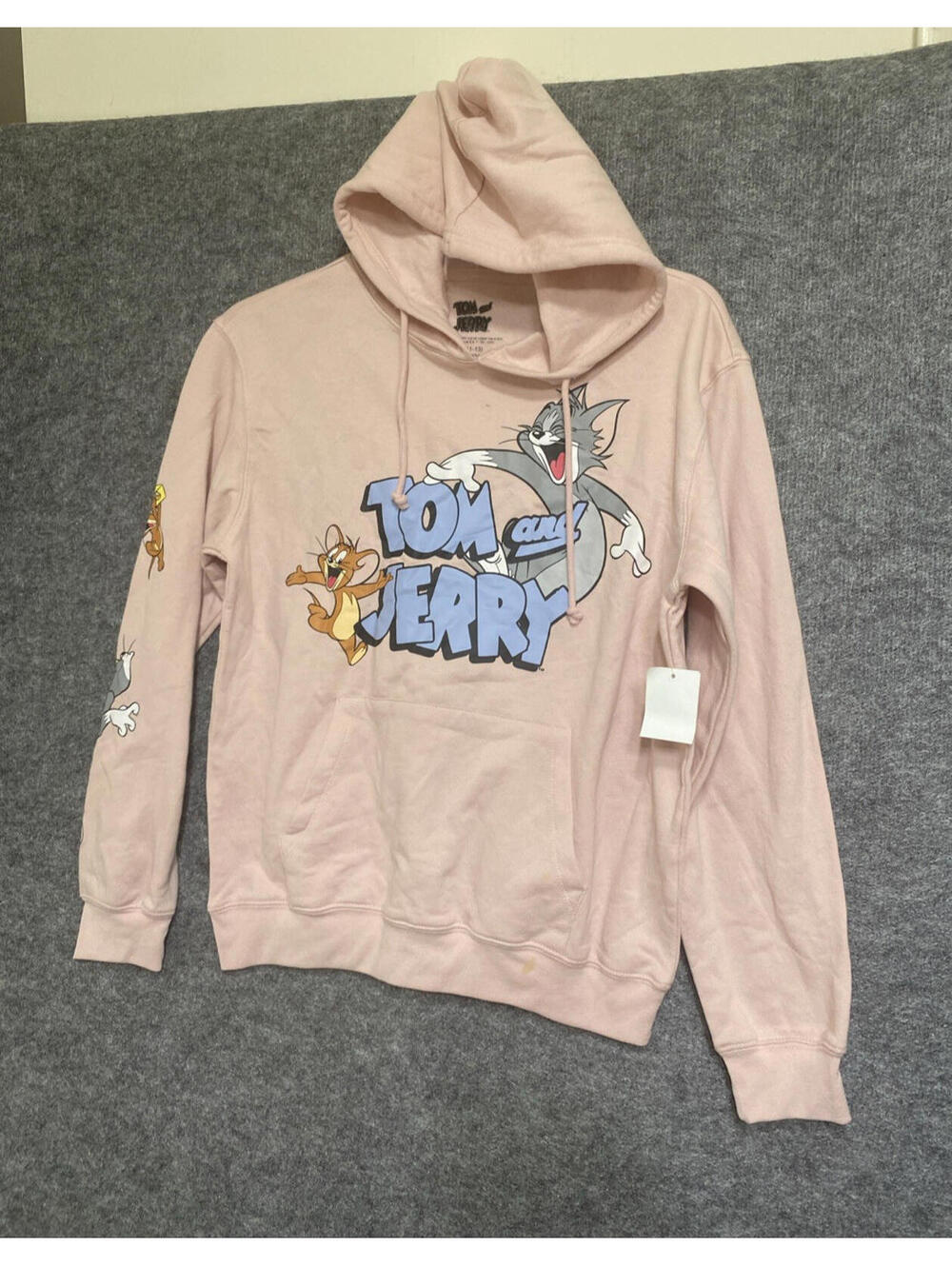 Tom & Jerry Juniors Size L 11/13 Pullover Pink Hoodie Front & Sleeve Graphic